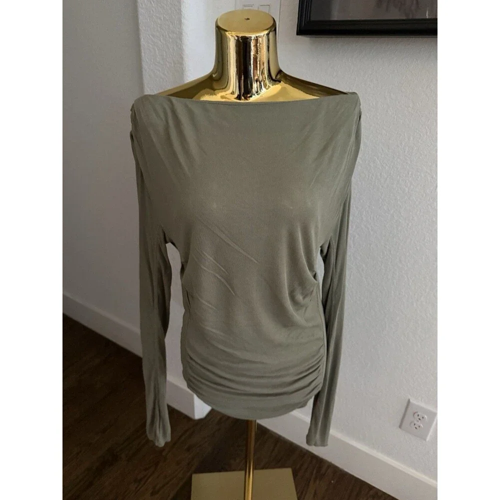 Free People Womens Large Sage Green Ruched Boat Neck Long Sleeve Top
